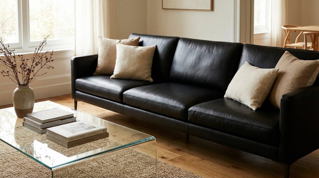 black couch with pillows for living room