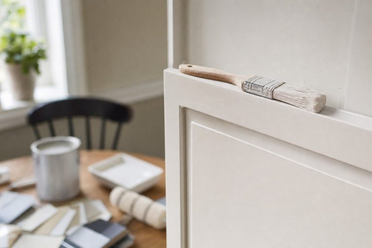 A freshly painted cabinet door with a smooth hard enamel finish, a paint brush resting on it