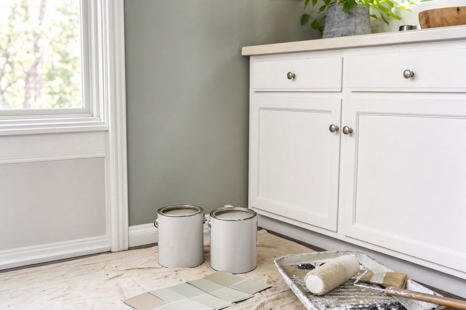 A kitchen corner where a painted wall meets a white-enameled cabinet and trim, two paint cans on the floor