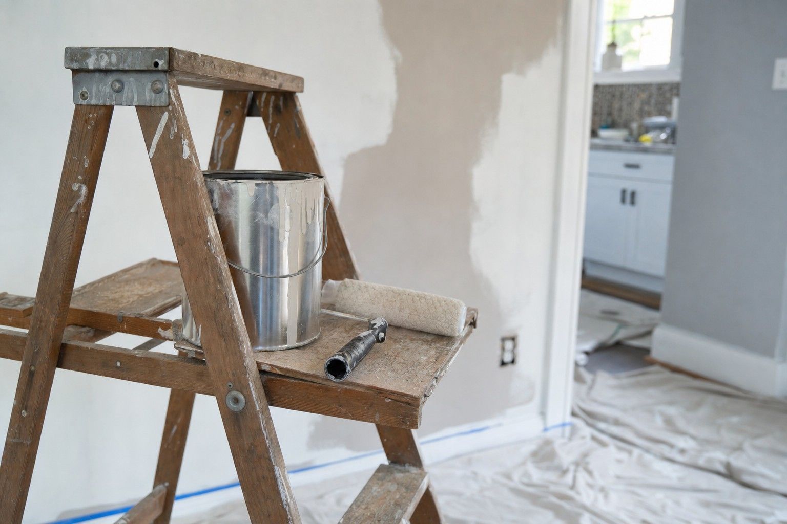 A paint can and roller resting on a wooden stepladder shelf in front of a half-painted wall