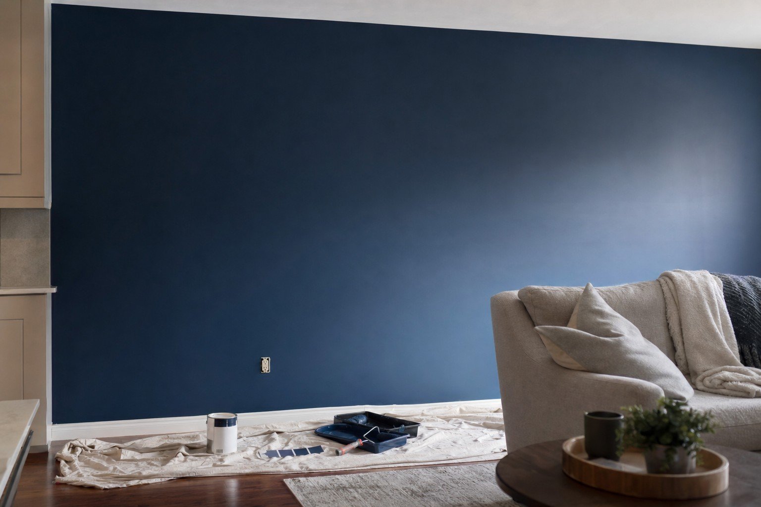 A freshly rolled deep navy accent wall in raking side light, with a paint roller and tray on a drop cloth below