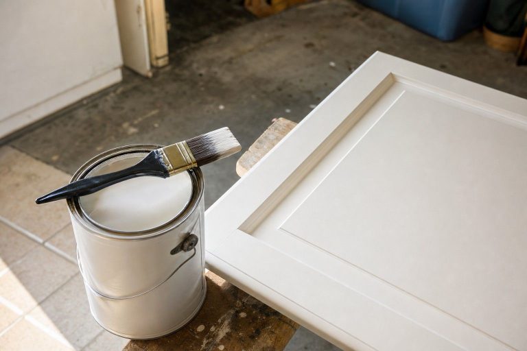 An open can of white cabinet enamel with a fine brush across it, beside a freshly painted cabinet door panel