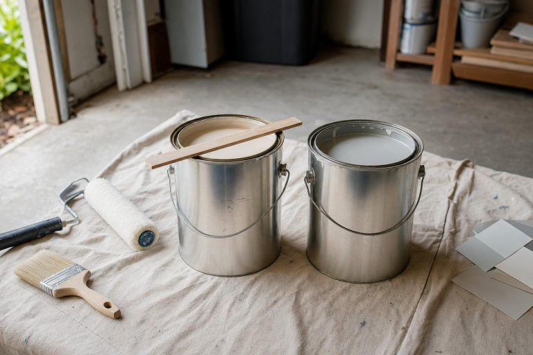 Two open gallon paint cans side by side on a canvas drop cloth, one warm white and one cool white, with a wooden stir stick