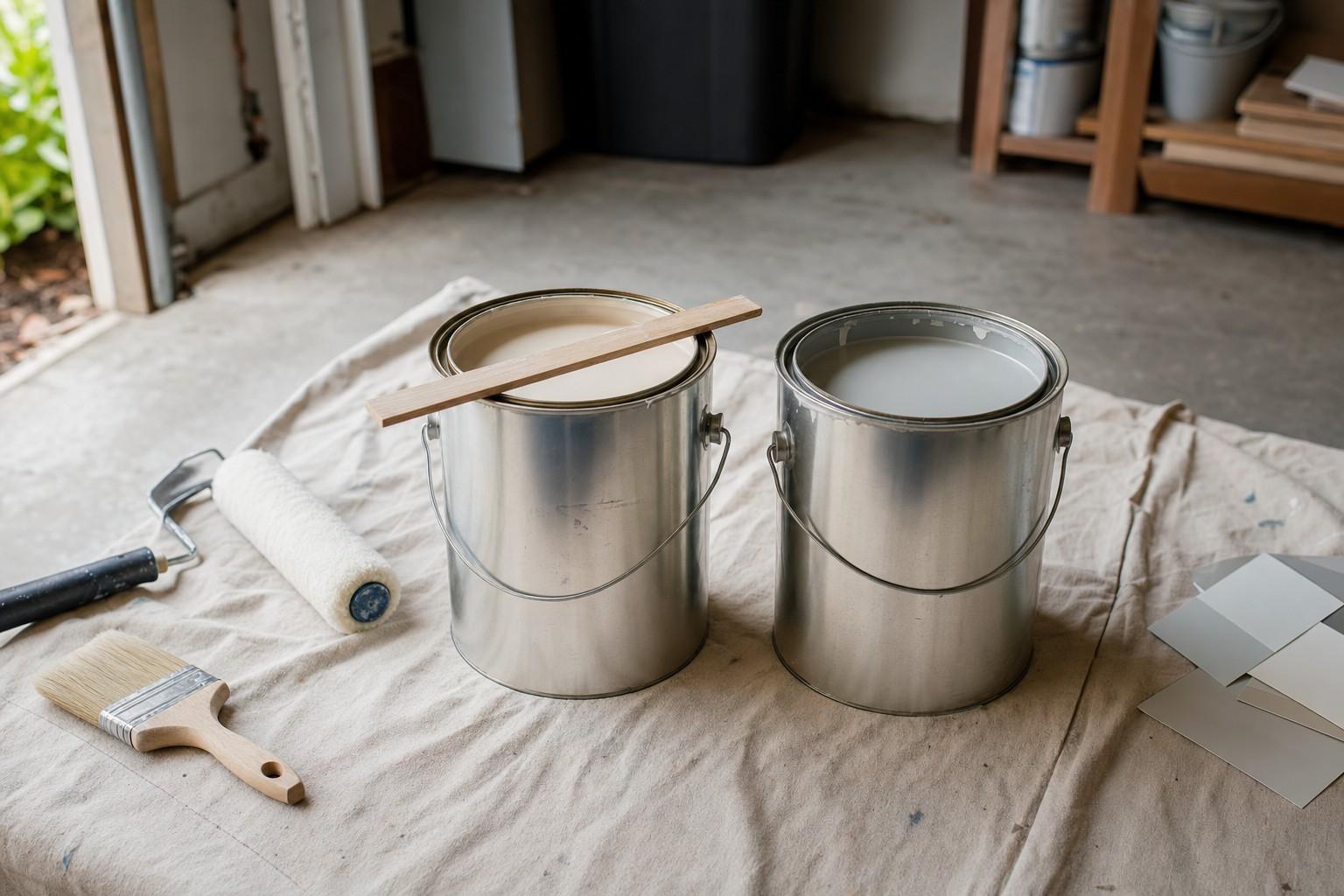 Two open gallon paint cans side by side on a canvas drop cloth, one warm white and one cool white, with a wooden stir stick