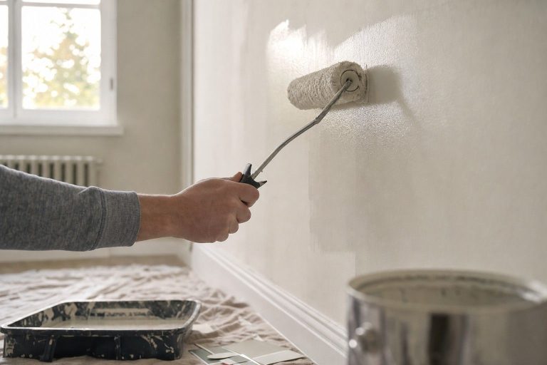 A hand in a gray sleeve rolling pale neutral paint onto a living-room wall, with a paint tray on a drop cloth below