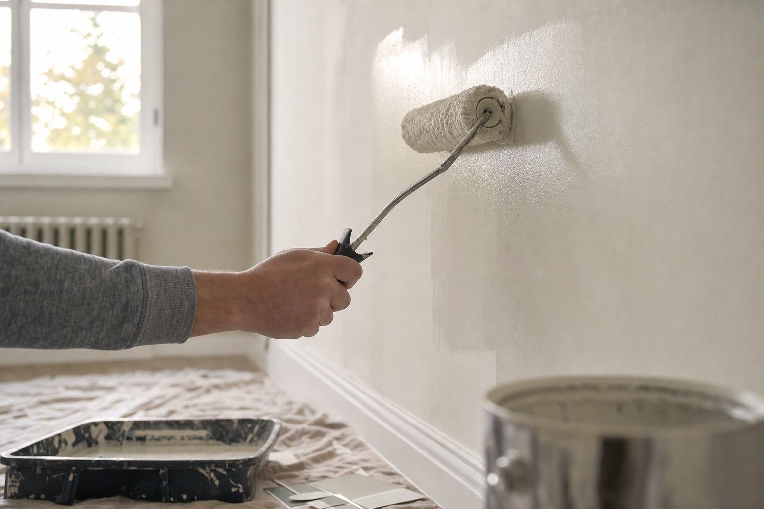 A hand in a gray sleeve rolling pale neutral paint onto a living-room wall, with a paint tray on a drop cloth below
