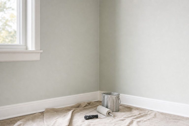 A freshly painted empty bedroom corner with pale walls and white trim, a roller and paint can on a drop cloth on the floor