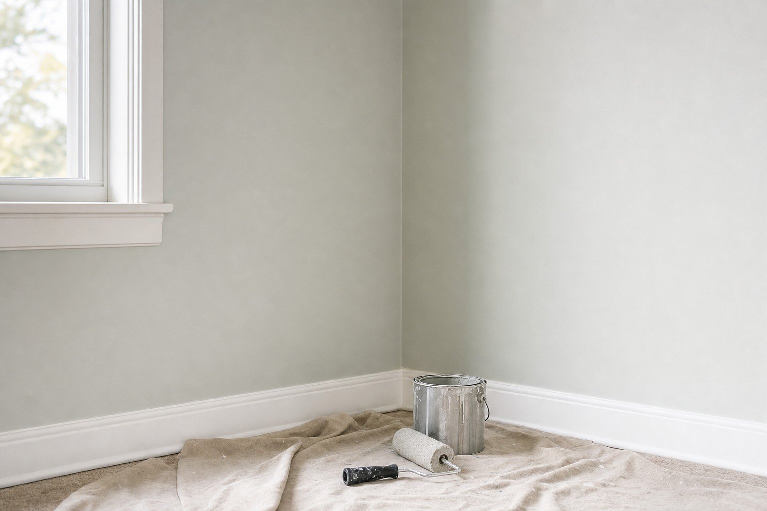 A freshly painted empty bedroom corner with pale walls and white trim, a roller and paint can on a drop cloth on the floor