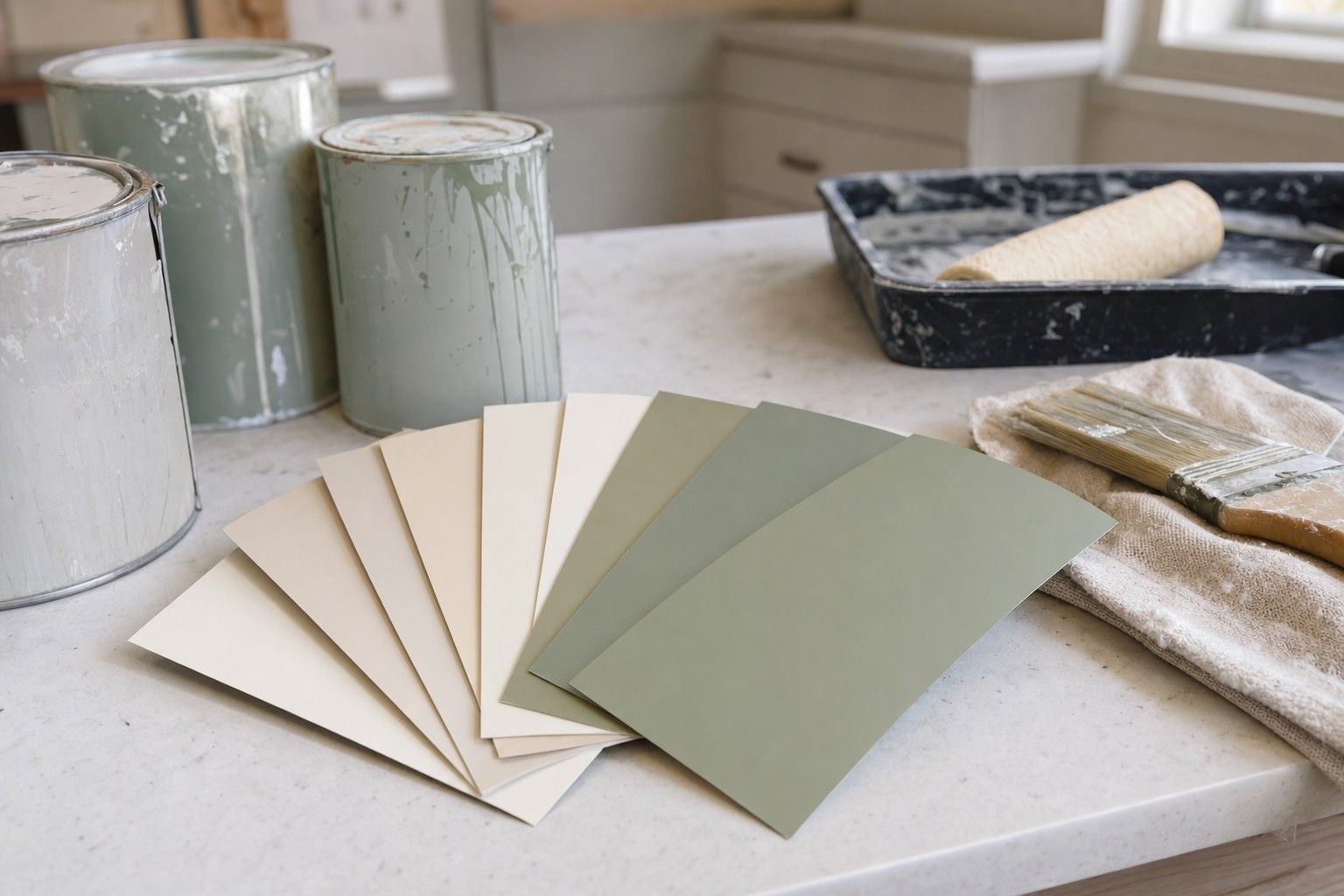 A fan of neutral and muted green paint swatch cards spread on a kitchen countertop in soft light
