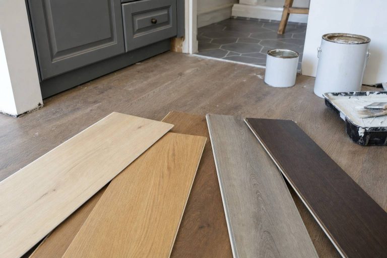 Several wood-look flooring plank samples in different tones fanned out on a floor