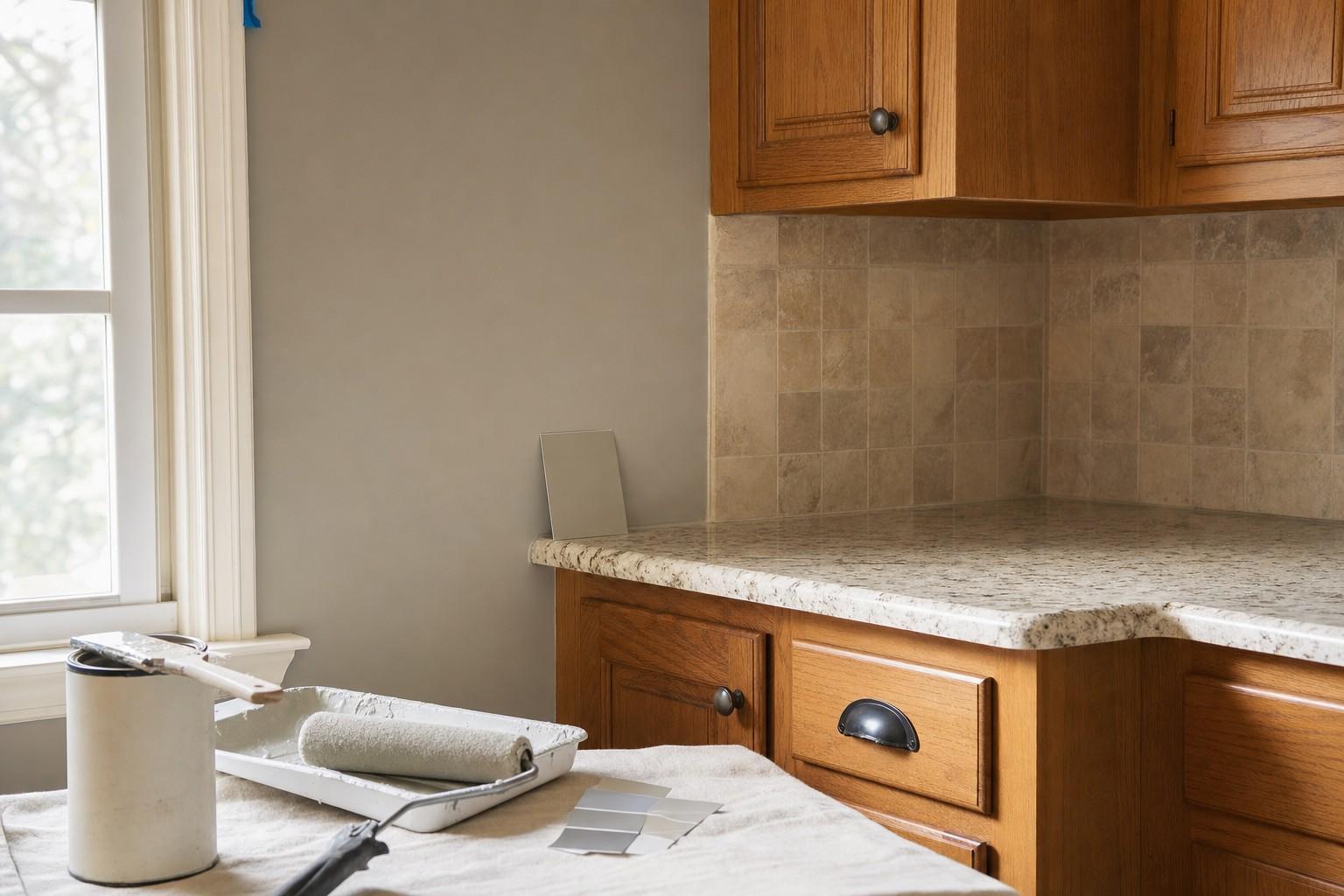 A corner of a kitchen with honey oak cabinets against a warm greige wall and a greige paint sample on the counter