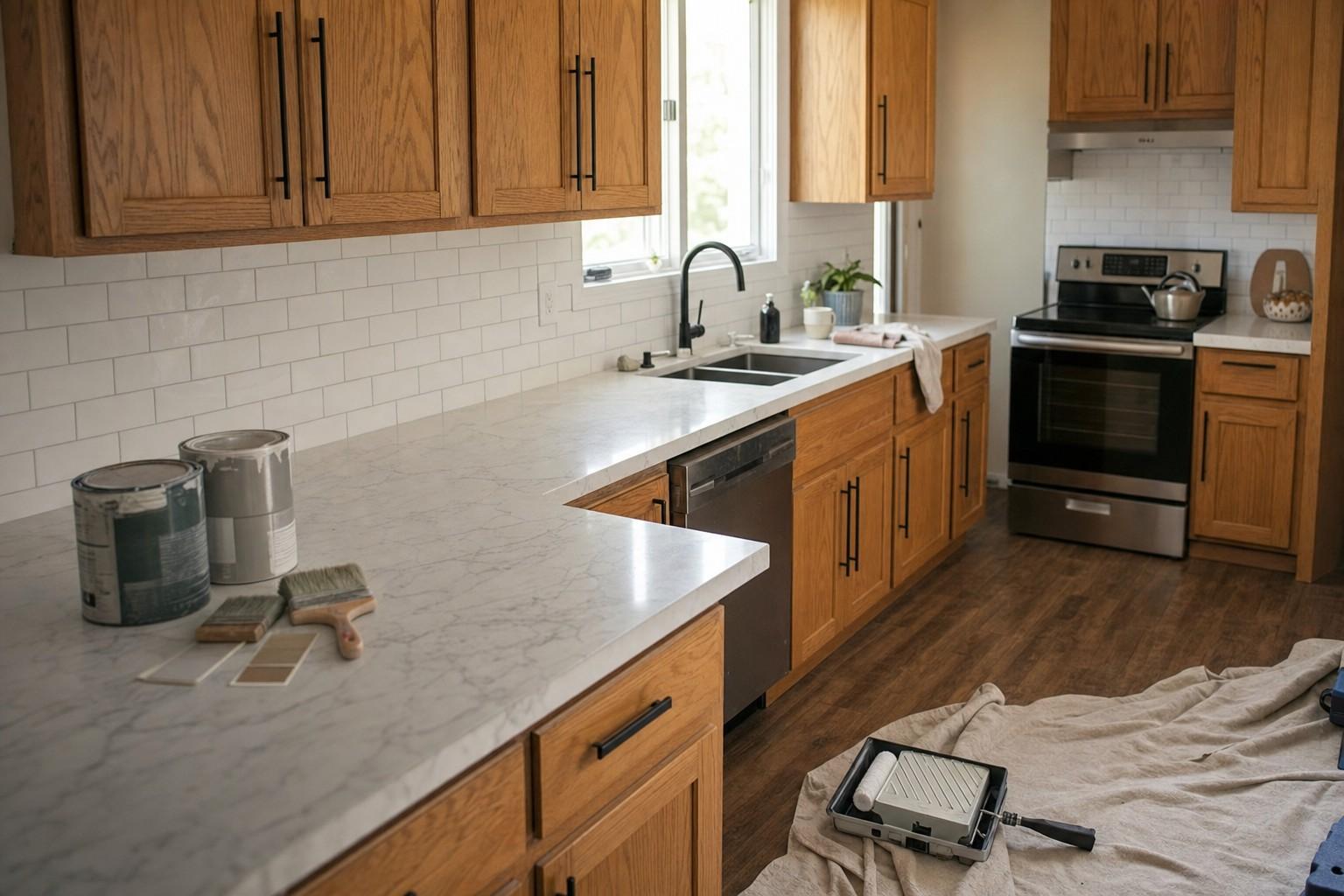 A modernized oak kitchen with warm oak cabinets, sleek matte-black bar pulls, and a white quartz counter
