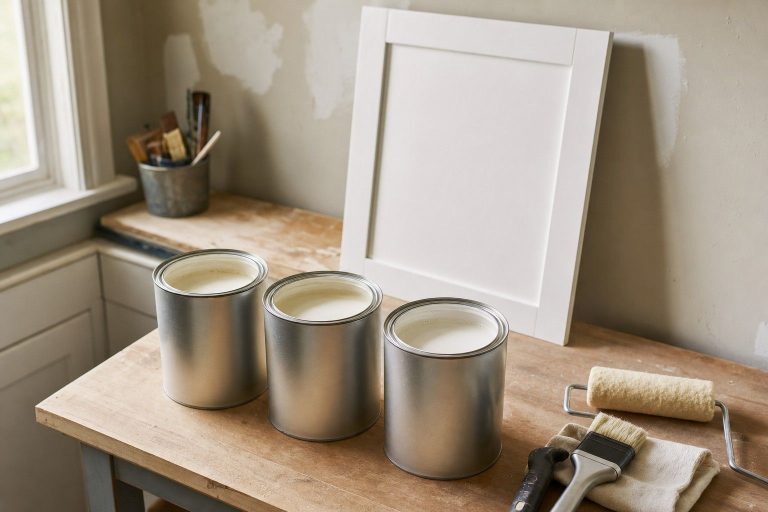 Three open paint cans of cabinet enamel in a row on a workbench with a smooth white-painted cabinet door behind them