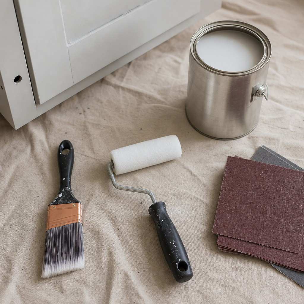 Cabinet painting supplies laid out on a drop cloth: an angled brush, a foam mini-roller, a primer can, and sandpaper