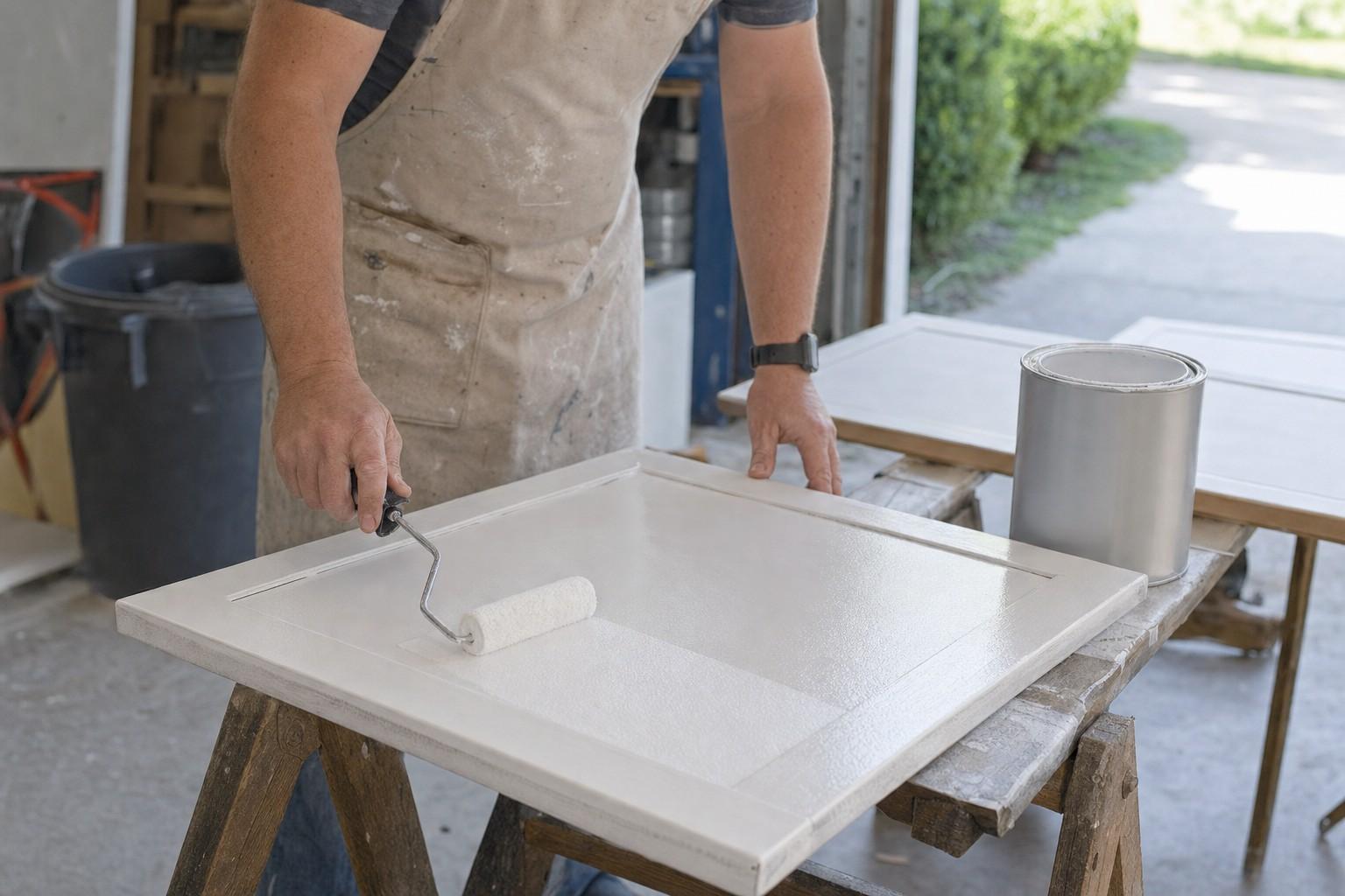 A person in a work apron rolling white primer onto a cabinet door laid across sawhorses in a garage