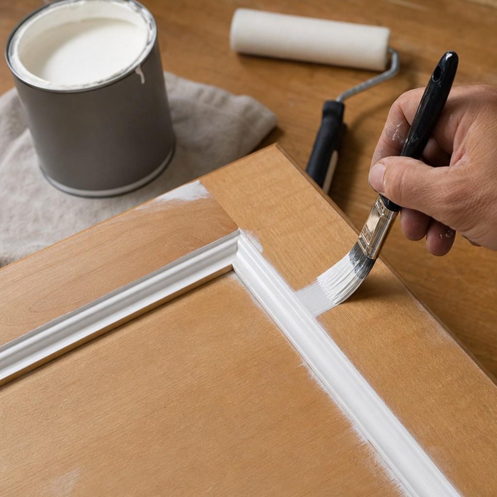 Close view of white primer being brushed onto the profiled edge of a cabinet door, the coat thin and even