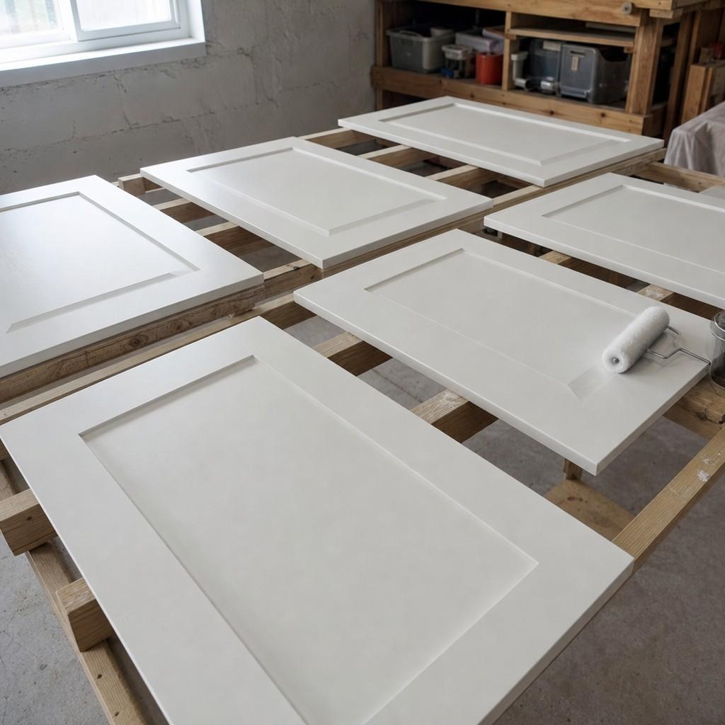Primed cabinet doors drying flat on a rack, uniform white and ready for enamel