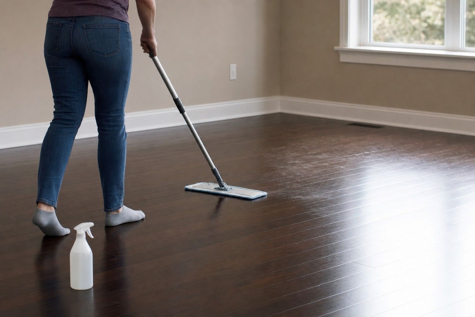 A person flat-mopping a dark hardwood floor in a bright empty room, the cleaned section reflecting window light evenly with no streaks
