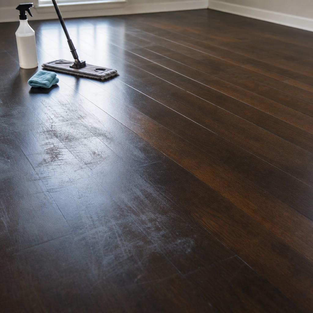 Raking window light across dark hardwood showing streaks on one half and a clean even sheen on the other