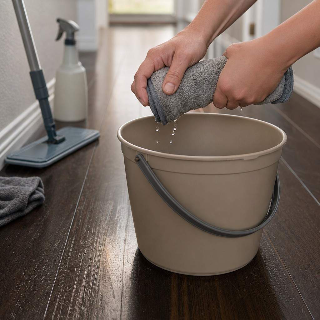 A barely damp microfiber pad being wrung out over a bucket beside a dark wood floor