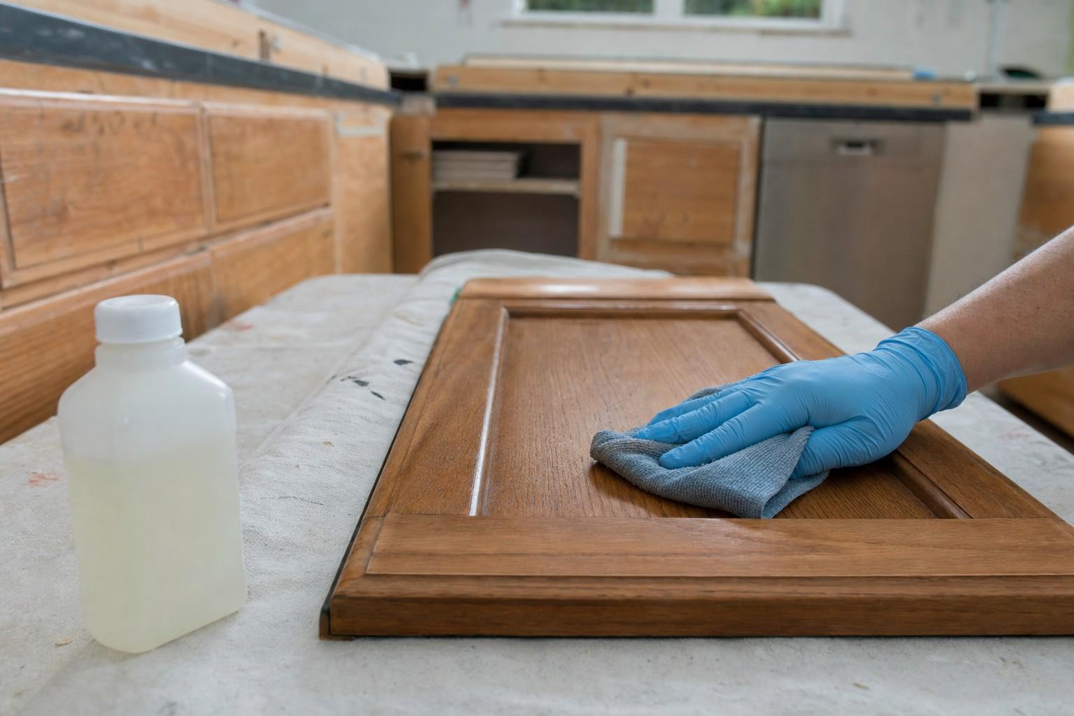 A gloved hand wiping a kitchen cabinet door with a damp cloth to dull the gloss before painting, a plain unlabeled bottle beside it, no sanding dust