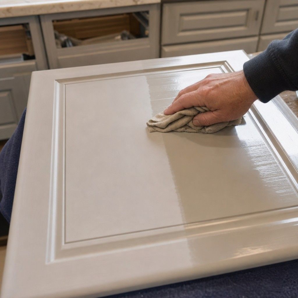 Close view of a cloth wiping a glossy cabinet door, half the surface now dulled to a matte sheen