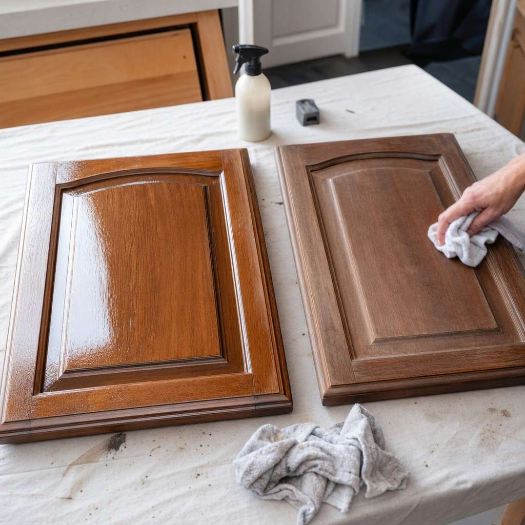 Two cabinet doors side by side on a table, one still glossy and one dulled and ready for primer