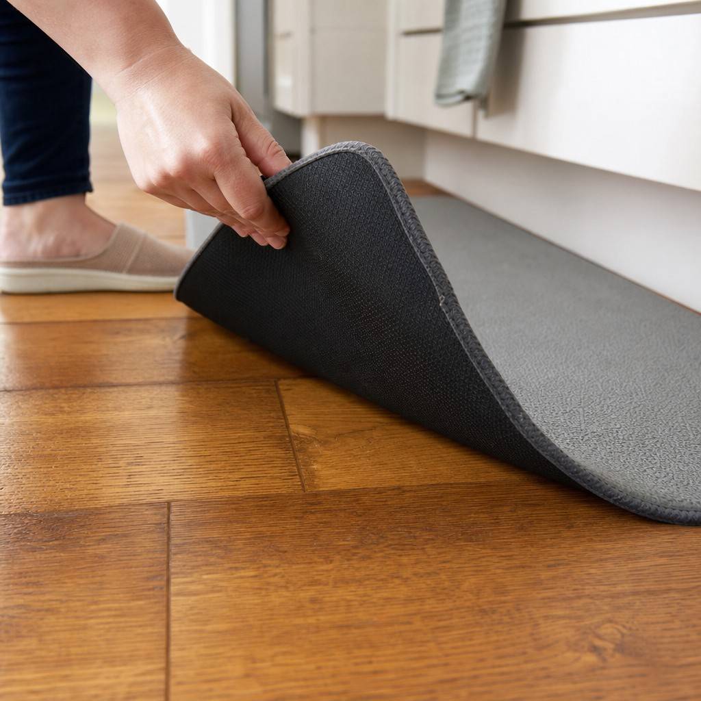 The corner of a kitchen mat lifted to show dry clean hardwood underneath