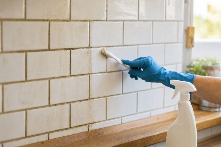 A gloved hand scrubbing a grout line on a kitchen tile backsplash with a small brush, the cleaned half noticeably brighter than the grimy half