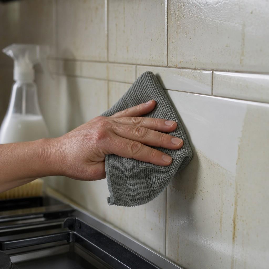 Close view of a cloth wiping grease film off tile above a cooktop, a clean streak revealed through the haze