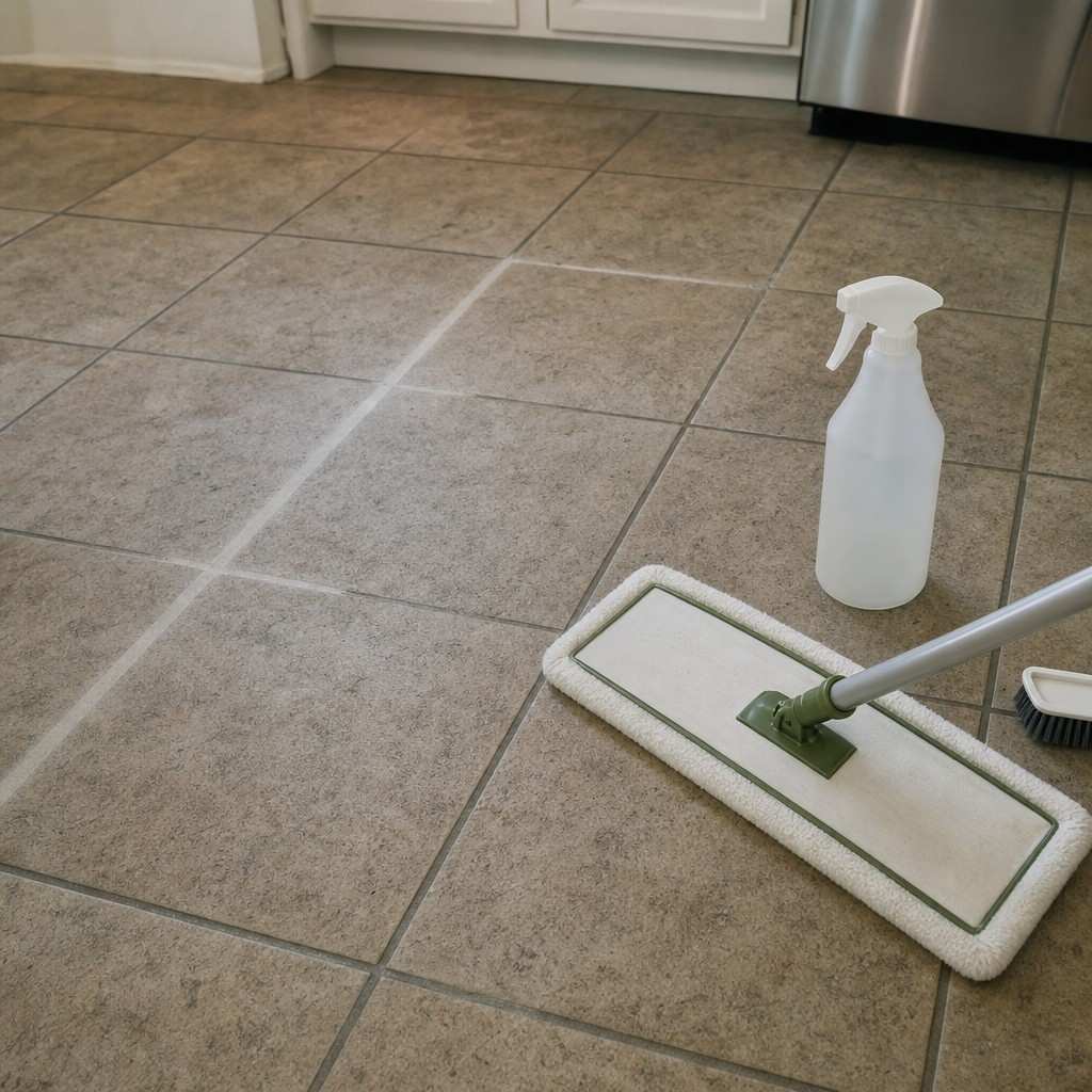 A mop pad on kitchen floor tile, one section of grout freshly cleaned and lighter than the rest