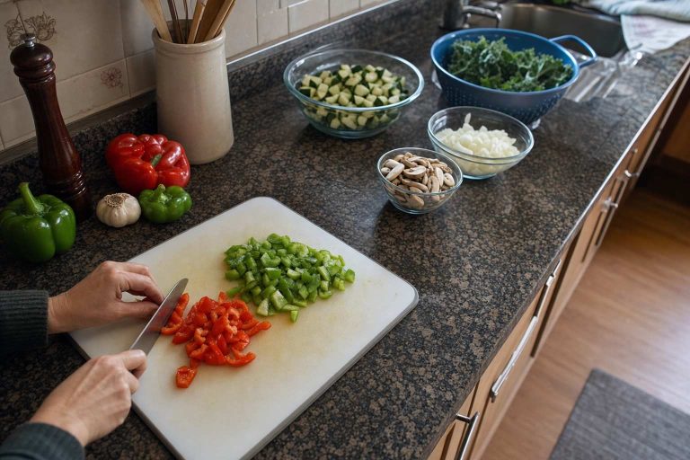 A wide overhead view of a kitchen counter run with hands slicing vegetables on a board sitting flat and steady on dark stone