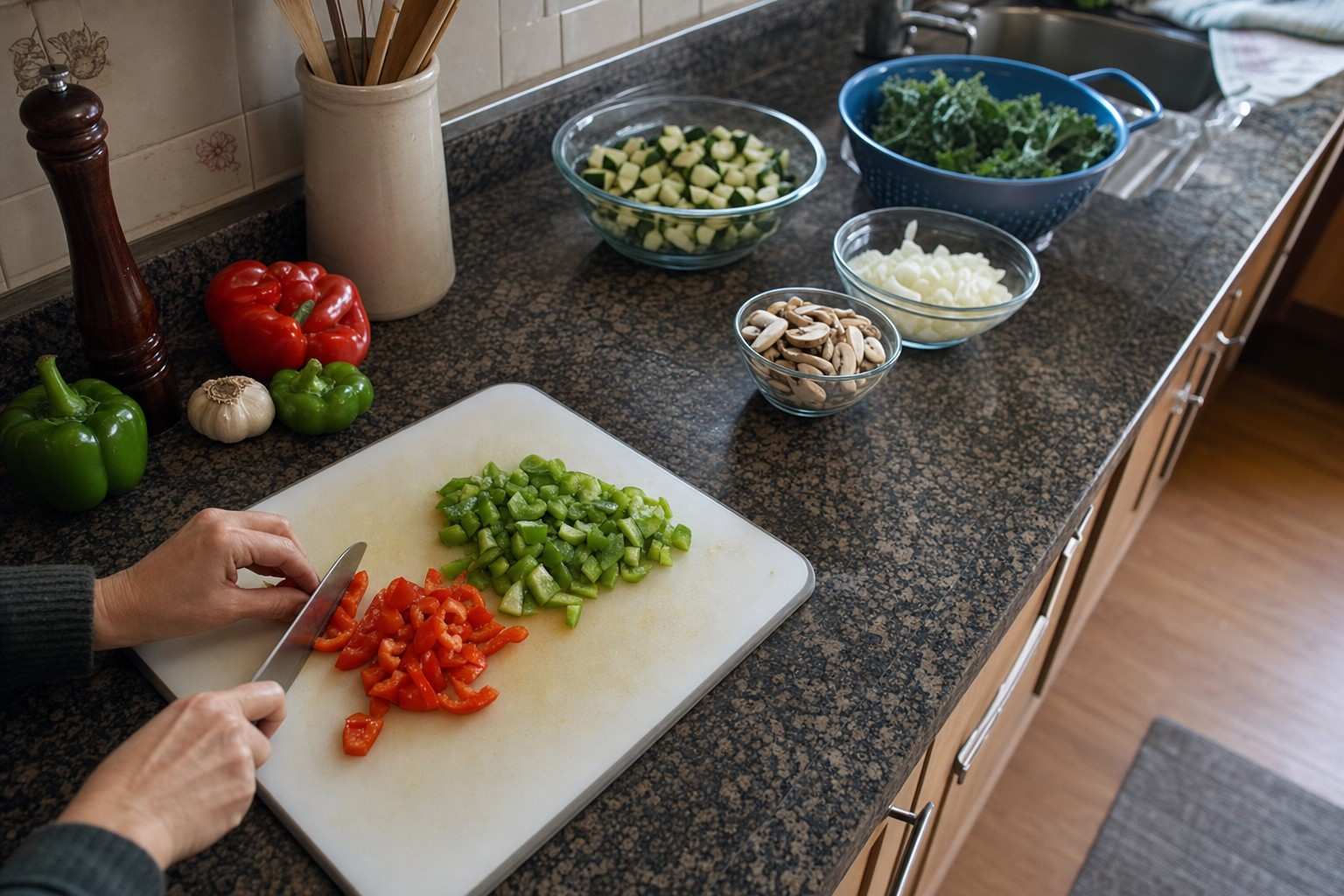A wide overhead view of a kitchen counter run with hands slicing vegetables on a board sitting flat and steady on dark stone