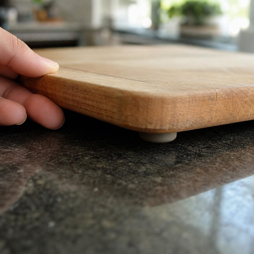 Close view of the edge of a cutting board lifted slightly to show the rubber foot that grips the countertop