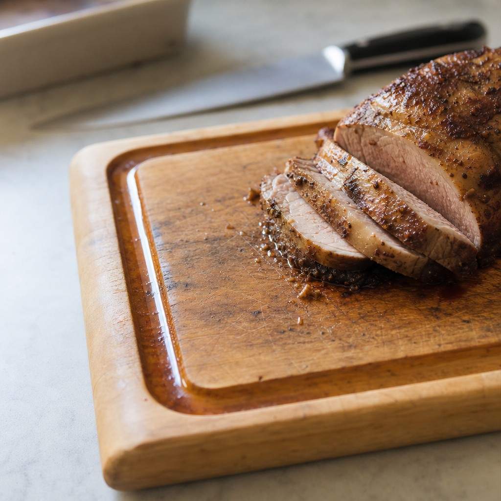 Juices from a roast collecting in the groove around a carving board instead of running onto the counter