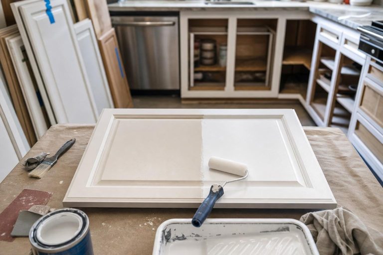 A kitchen cabinet door lying flat, half painted white with a foam mini-roller resting on it, labeled doors behind