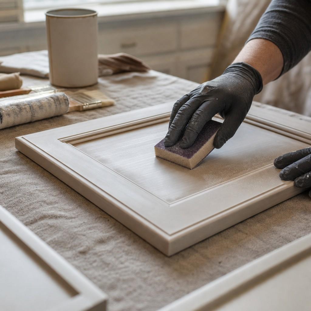 Gloved hands sanding a kitchen cabinet door with a sanding sponge on a drop-cloth-covered table