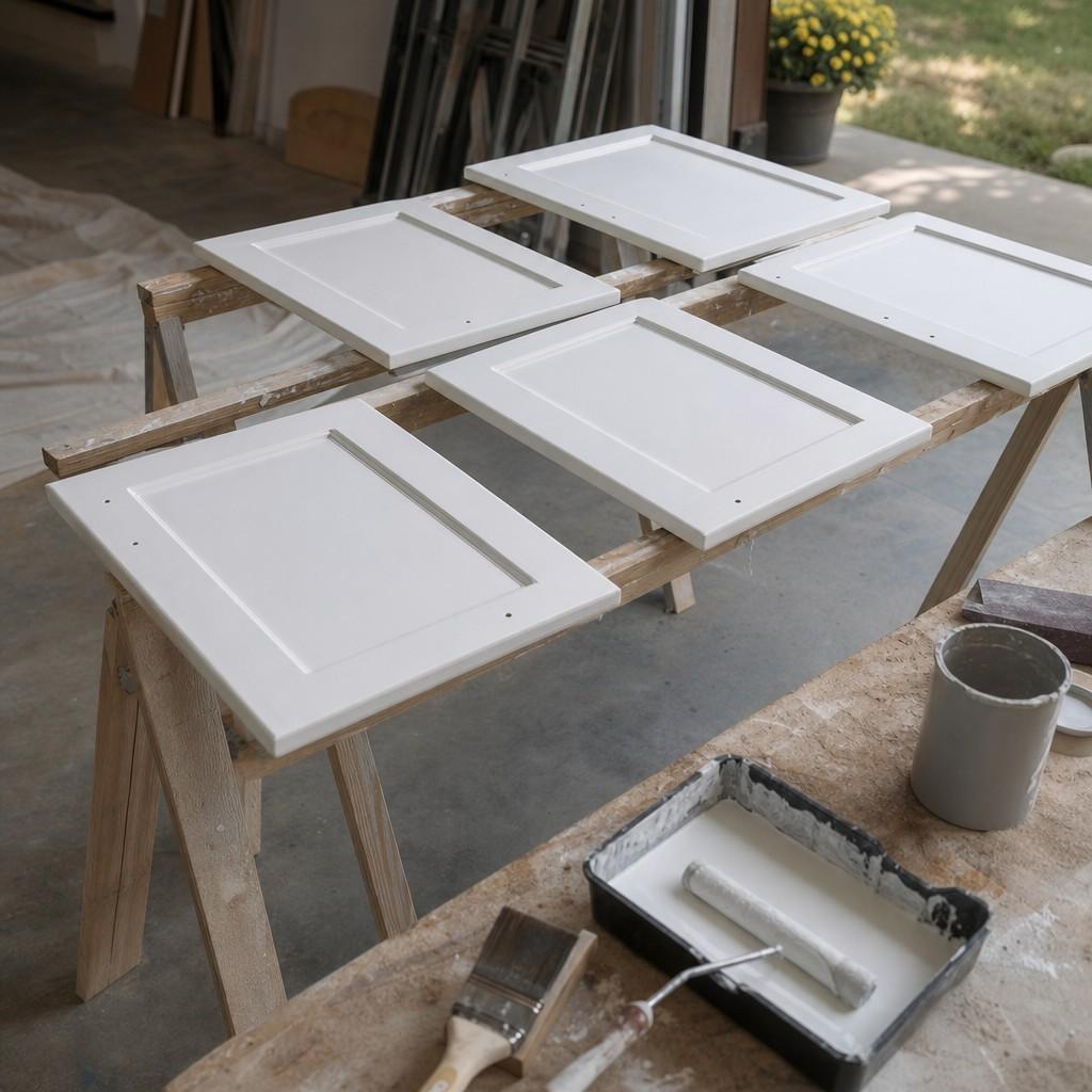Several freshly painted white kitchen cabinet doors drying on a simple rack in a garage workspace