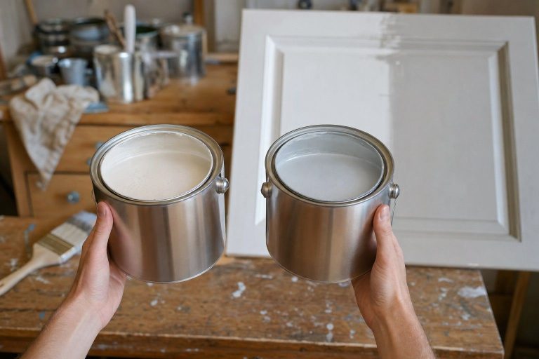 Hands weighing two plain paint cans over a workbench, a half-painted cabinet door in the background