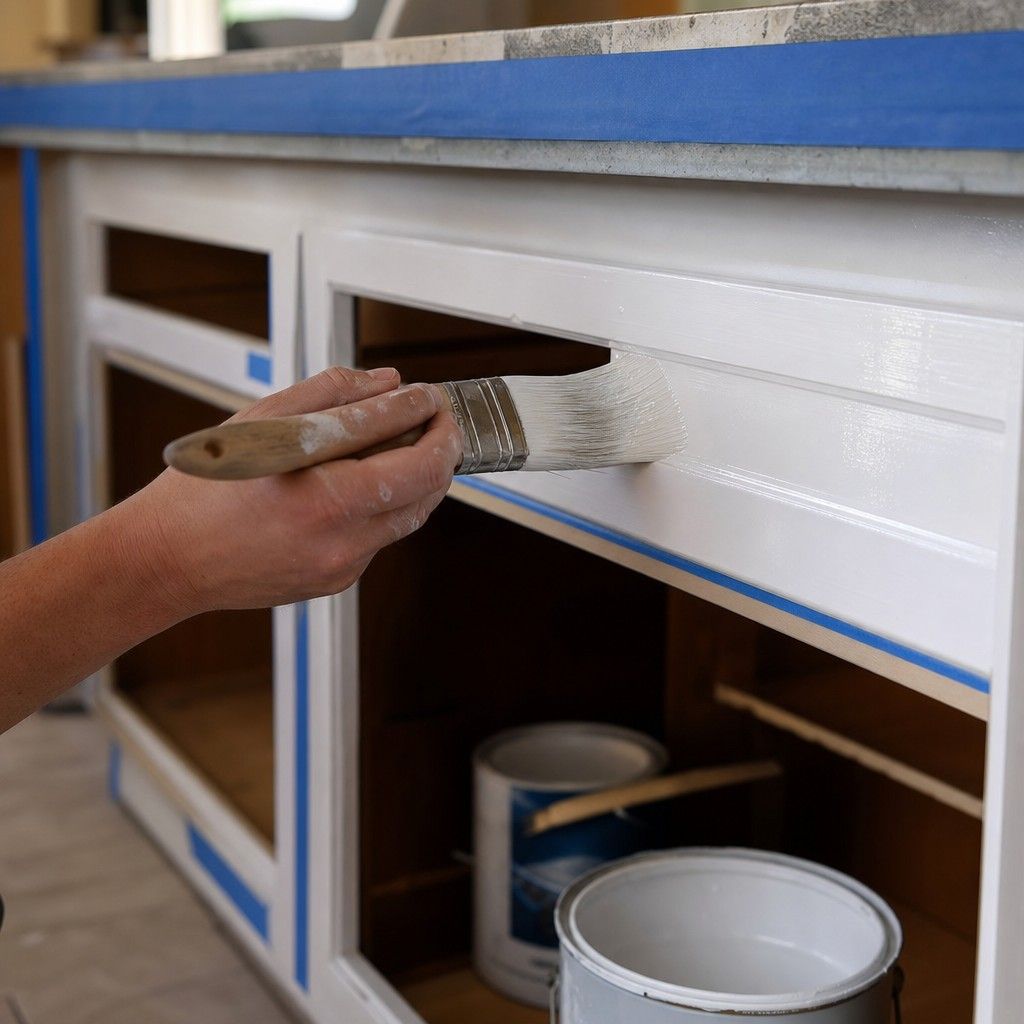 Brush laying smooth white enamel onto a cabinet face frame, the finish leveling out glossy and even