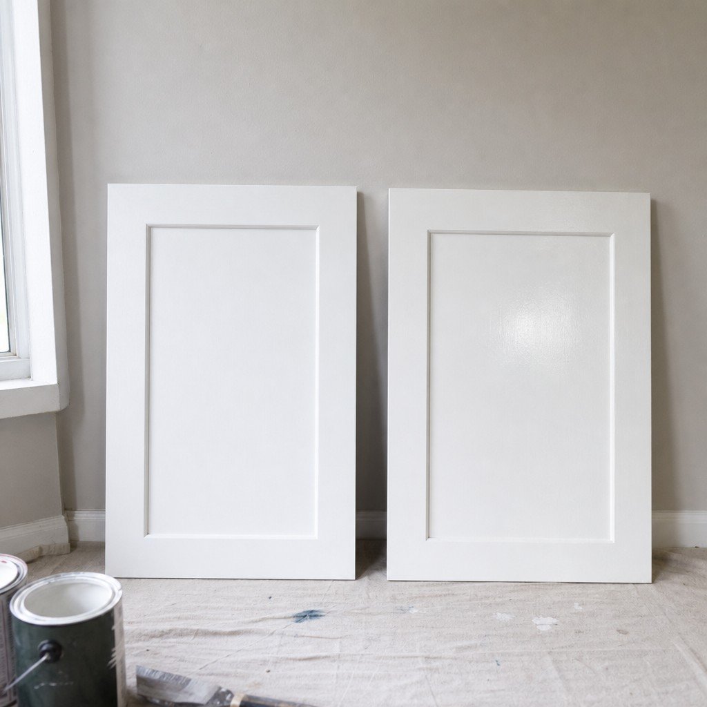 Two painted sample boards leaning against a wall, both smooth white with a subtly different sheen