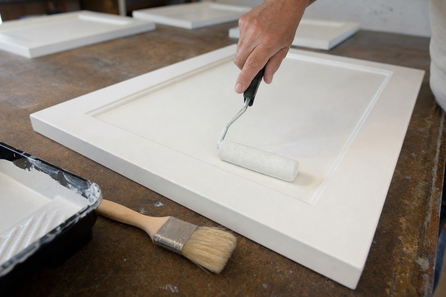 A hand rolling a small foam roller across a cabinet door, leaving a flat even coat with no roller texture