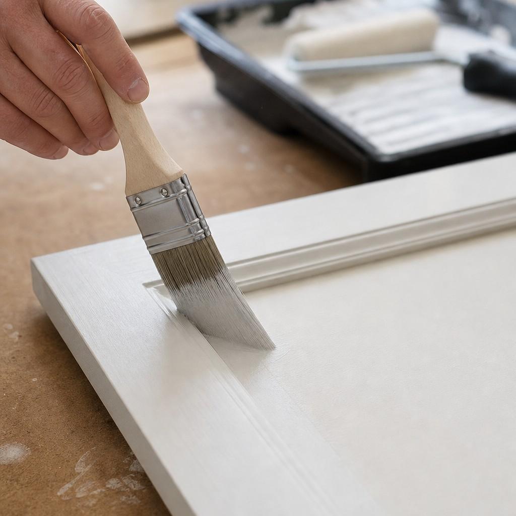 An angled brush cutting paint into the routed profile edge of a cabinet door the roller cannot reach
