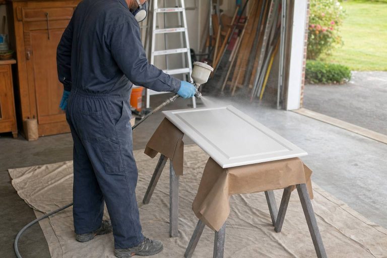 A person in coveralls and a respirator spraying a thin even coat of white paint onto a kitchen cabinet door laid flat on sawhorses in a garage