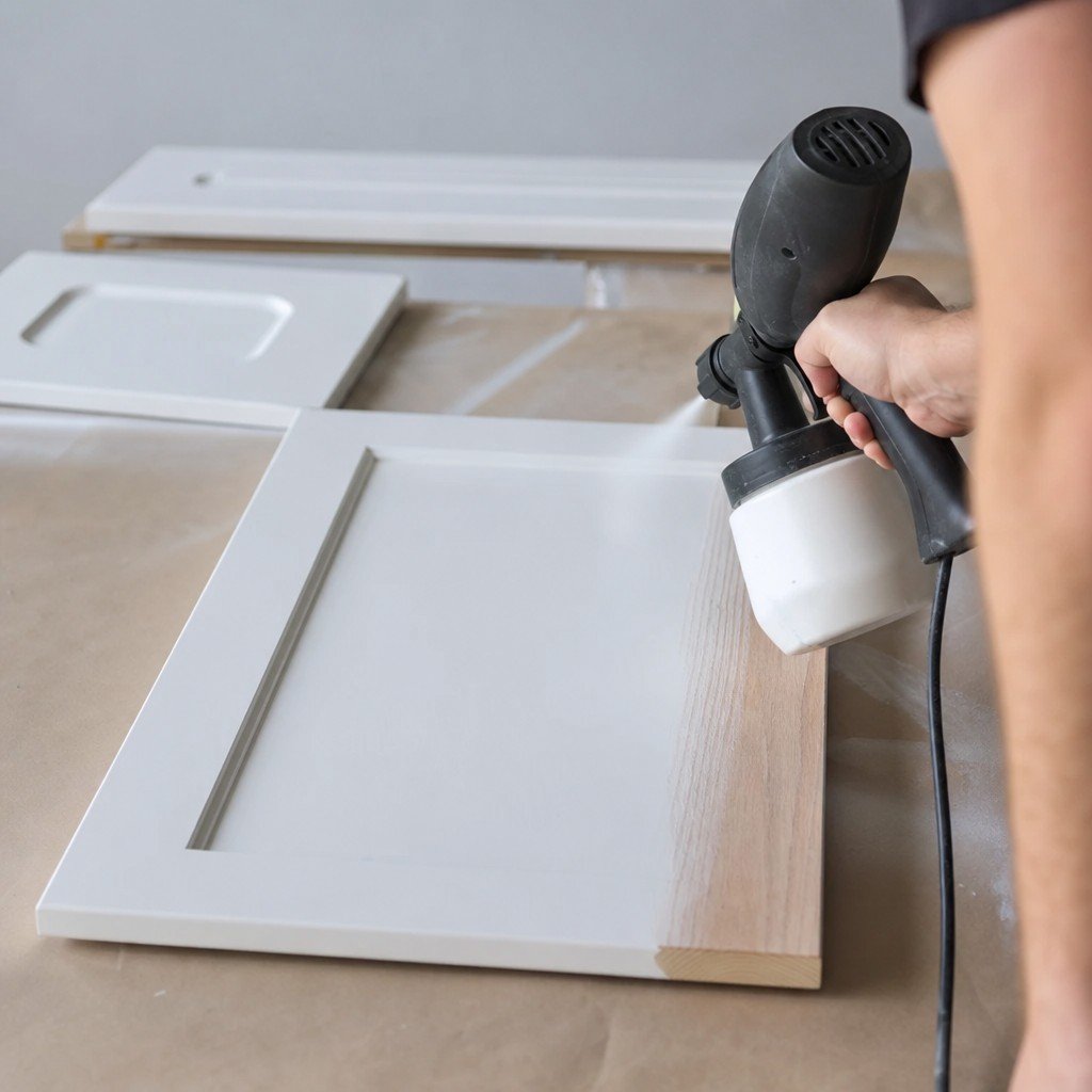 Close view of a sprayer laying a smooth even coat across a cabinet door, the finish flat and free of brush marks