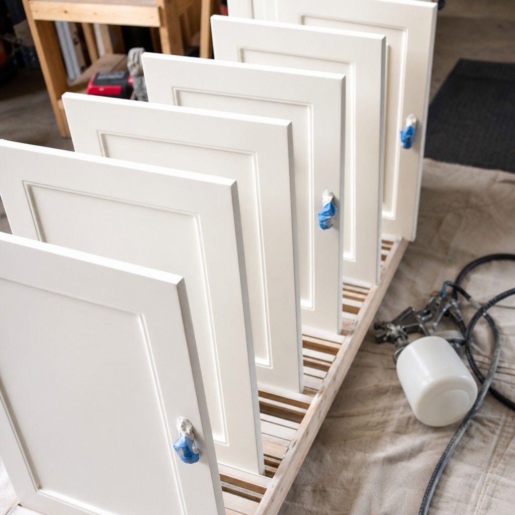 Cabinet doors masked off and standing on edge to dry after spraying, several freshly coated white fronts in a row