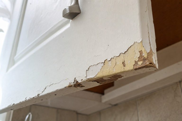 Close-up of a white-painted cabinet edge where the paint has chipped and peeled, exposing bare wood and old finish beneath