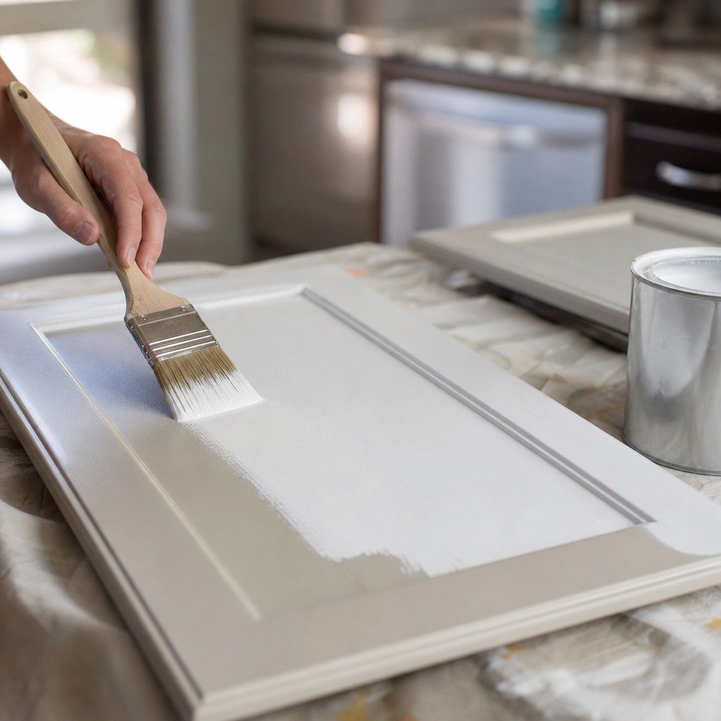 A brush laying a coat of bonding primer onto a slick cabinet door on a work table