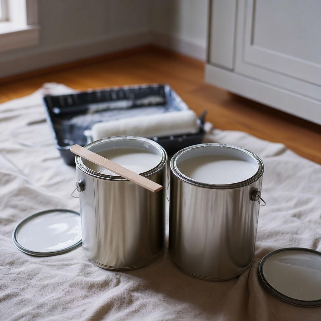 Two plain unbranded gallon paint cans side by side on a canvas drop cloth with their lids off showing white paint
