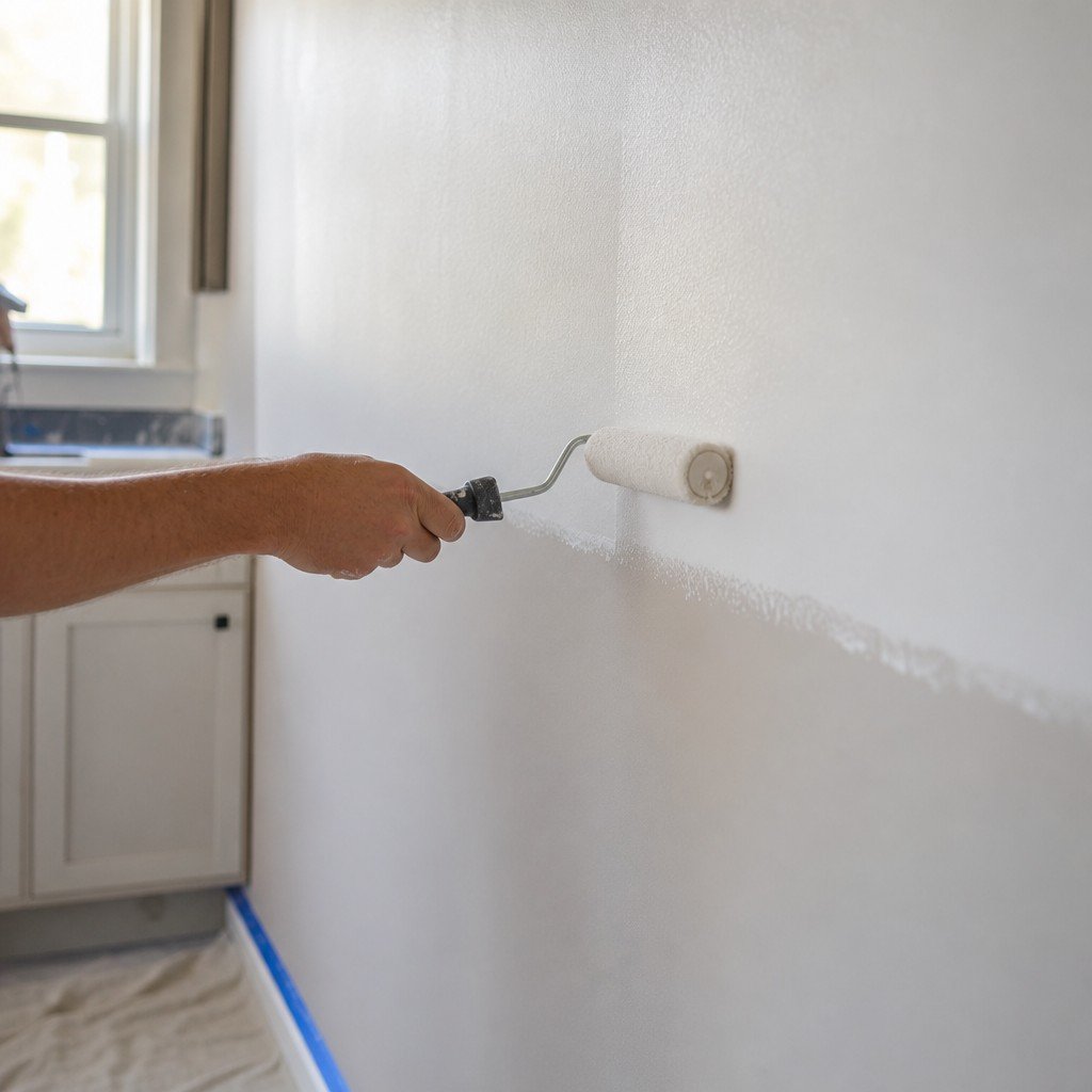 A roller laying smooth white paint onto an interior wall in raking window light